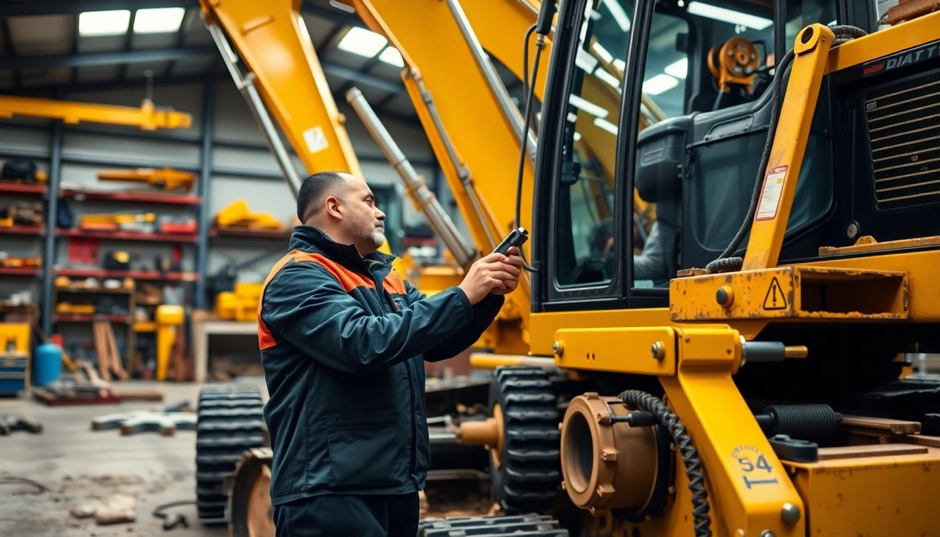 Detail of equipment service mechanics repairing heavy machinery with precision in a workshop.