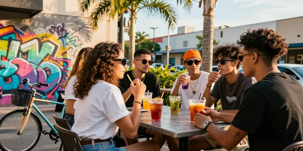 Friends enjoying drinks in trendy street fashion at a café, showcasing bro173 style.