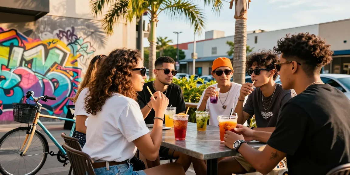 Friends enjoying drinks in trendy street fashion at a café, showcasing bro173 style.
