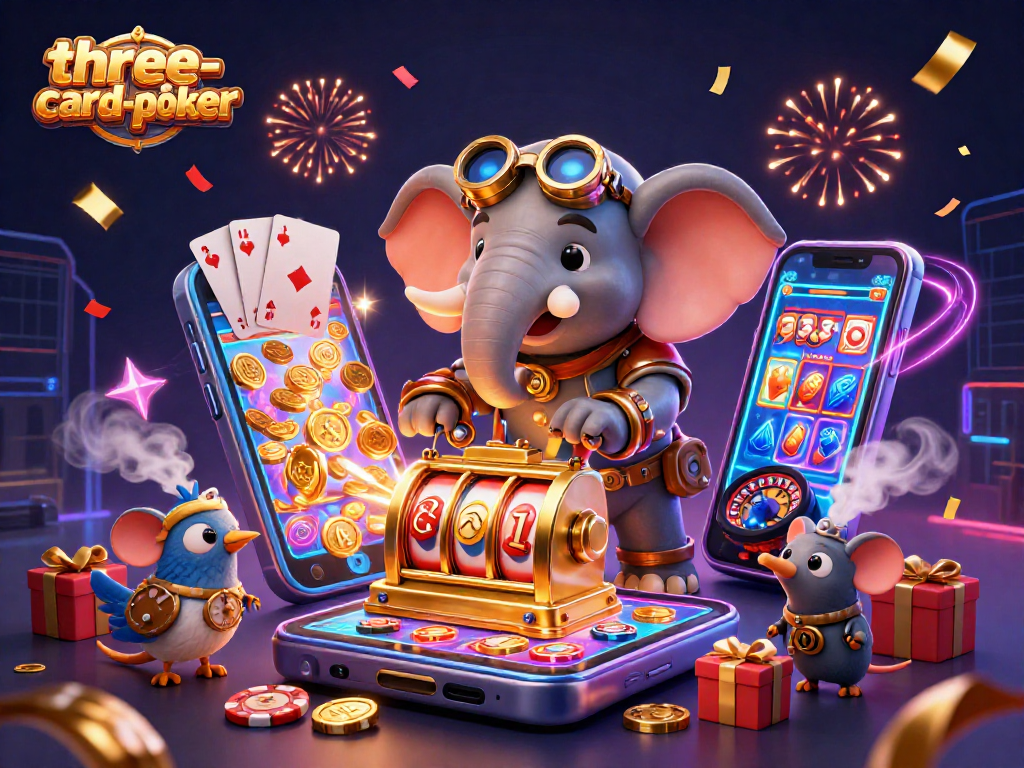 Engage with three-card-poker gameplay as a steampunk elephant spins a golden slot machine.