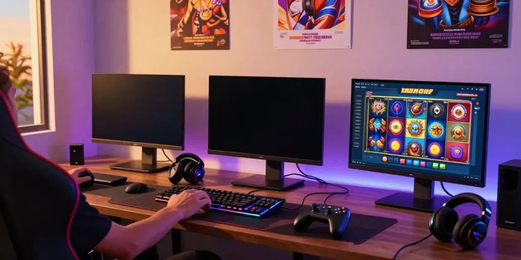 Online gamer enjoying situs slot gacor with vibrant game interface on multiple screens.