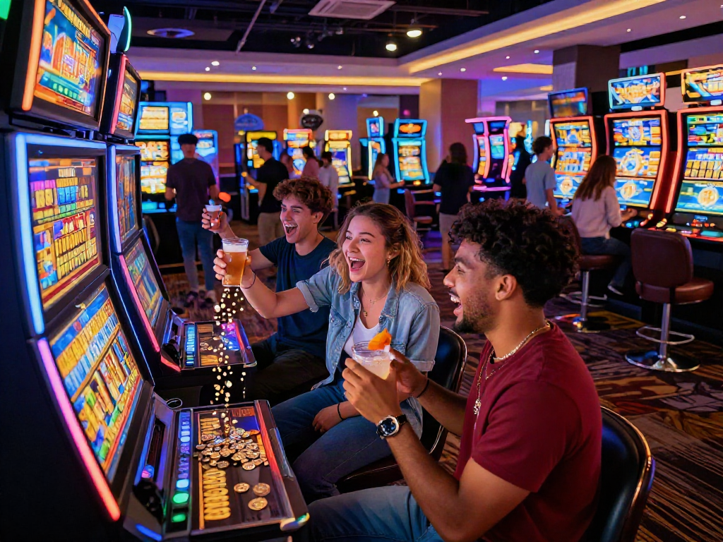 Group celebrating jackpot win at slot gacor machines in a vibrant casino