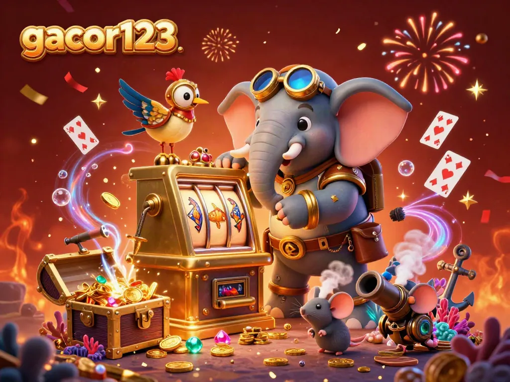 Spin and win at gacor123 with a vibrant 3D illustration showcasing a steampunk elephant operating a golden slot machine surrounded by treasure.
