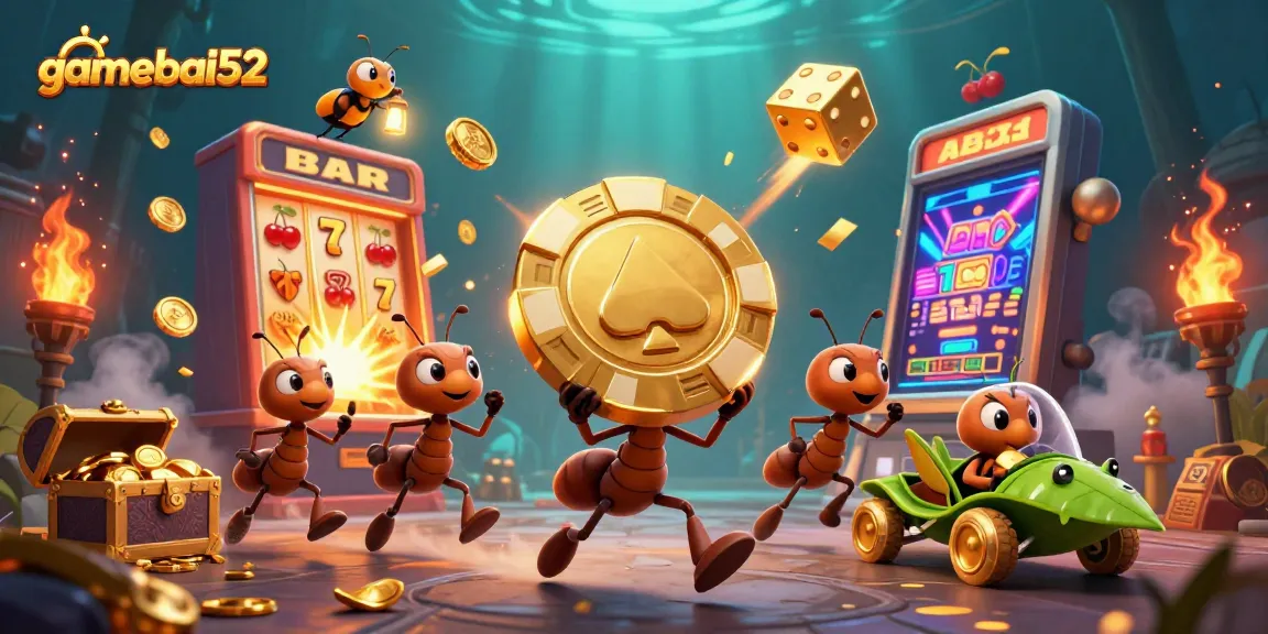 gamebai52 ants execute a thrilling heist while carrying a poker chip amidst casino elements.