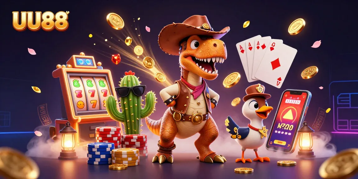 Spin the reels at UU88 with cowboy dinosaur, jackpot symbols, and vibrant gems.