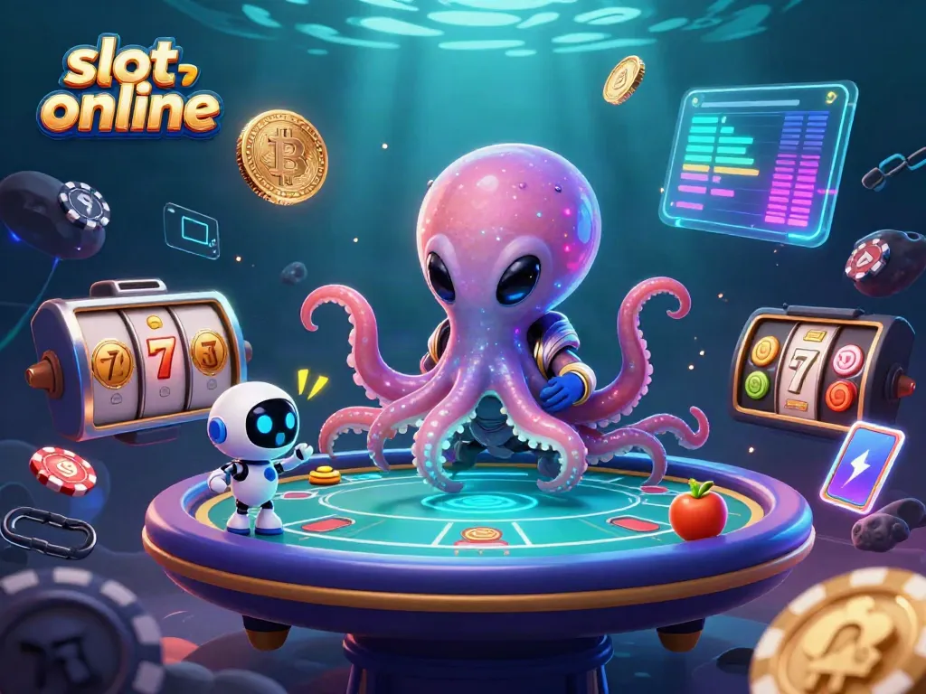 Engage with slot online fun as an alien octopus runs a colorful holographic poker table