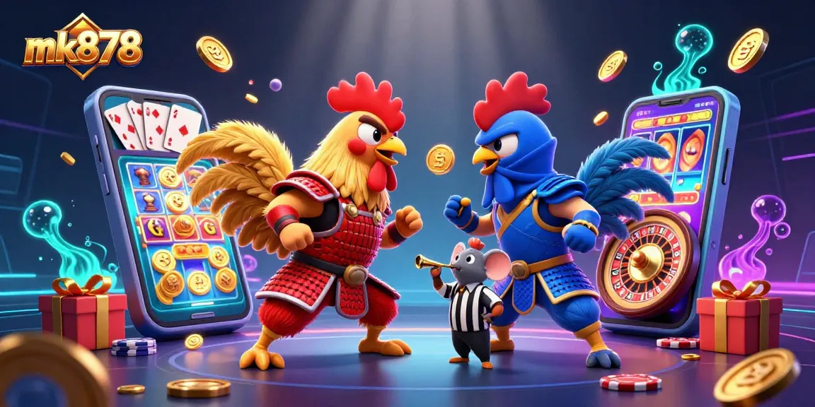 Bet on mk878 with twin cartoon roosters ready for combat in a dynamic casino scene.