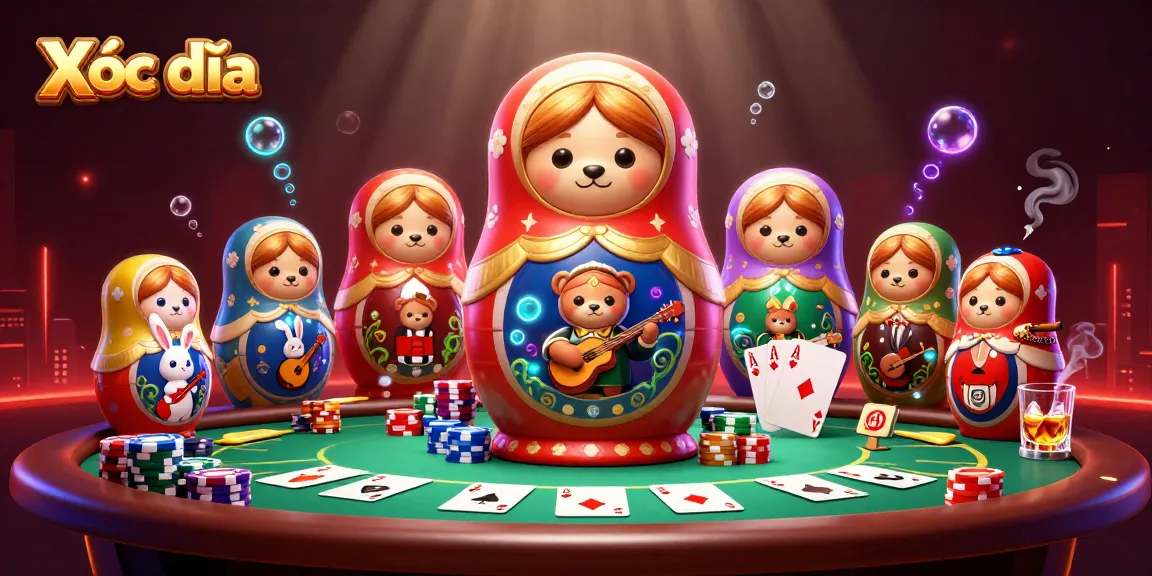Xóc đĩa featuring colorful poker elements and charming characters within a vibrant casino scene