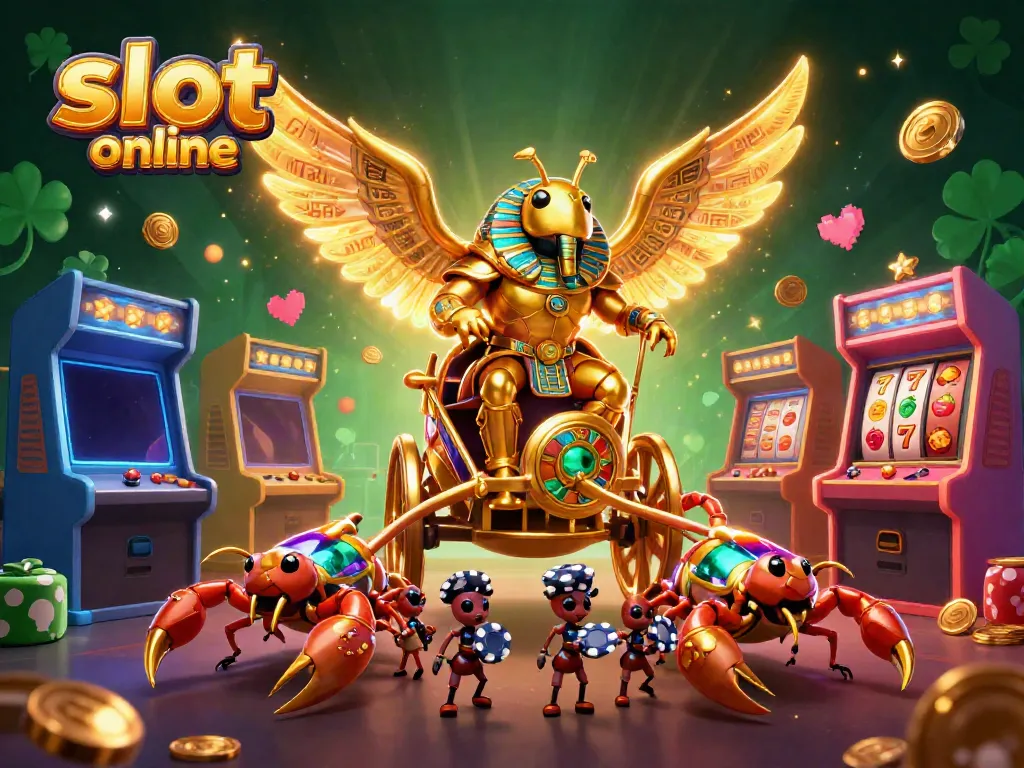 Play exciting slot online games with a golden scarab beetle character in a vibrant casino scene.