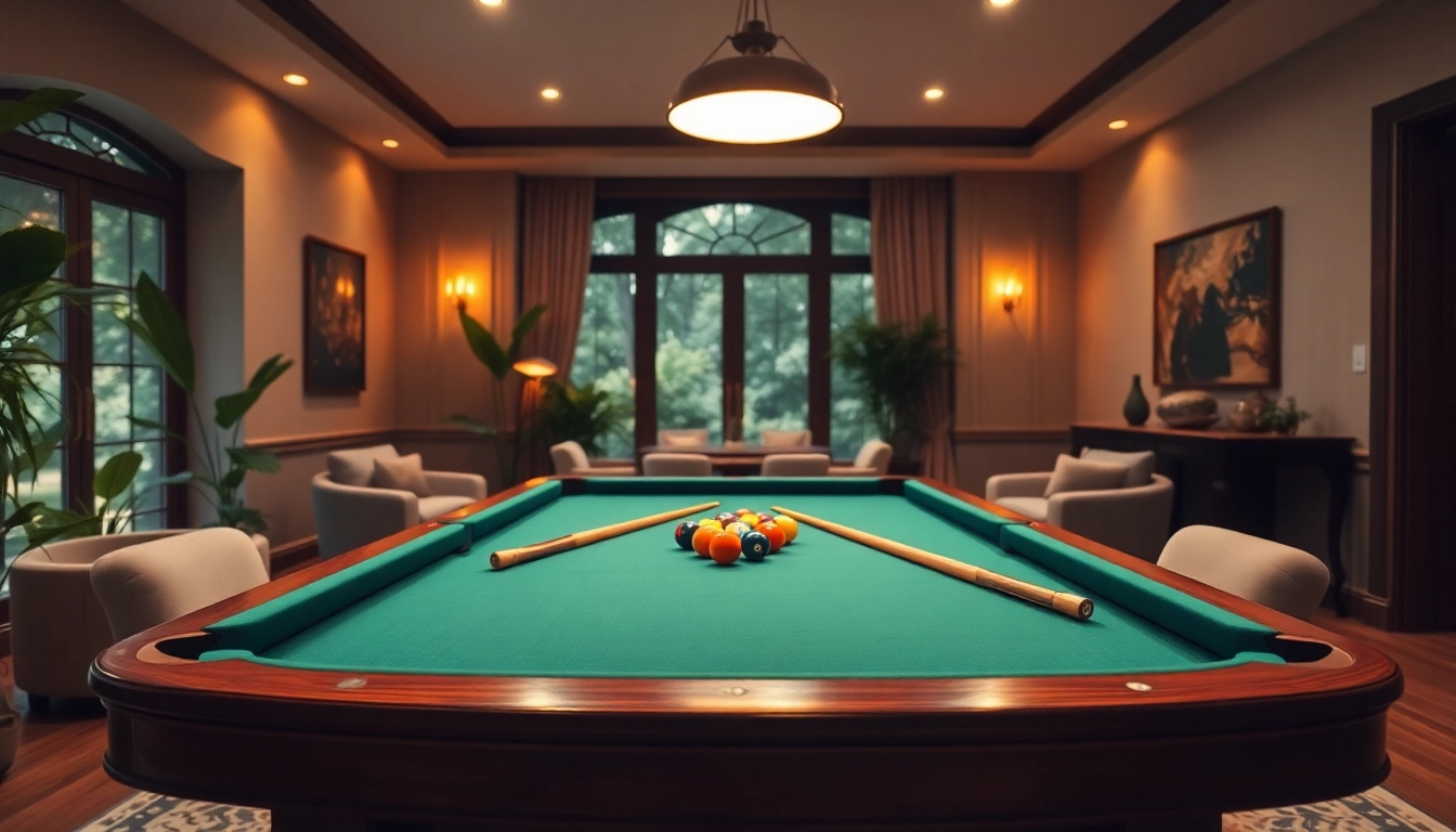 Buy Pool Tables in a luxurious home game room with inviting lighting and elegant décor.