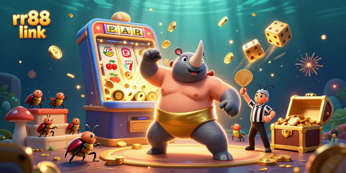 Experience the thrill of winning with the rr88 link, featuring a dynamic scene of a sumo beetle champion amidst a slot machine jackpot explosion.