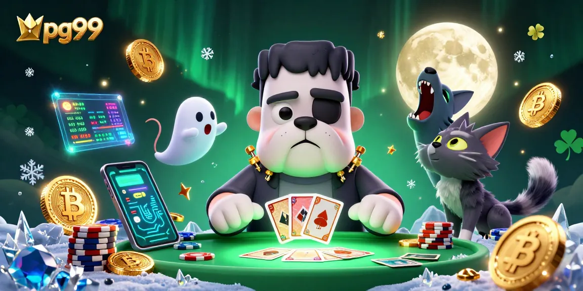 Engage in thrilling card games at pg99, featuring a unique 3D cartoon scene with vibrant characters and crypto elements.