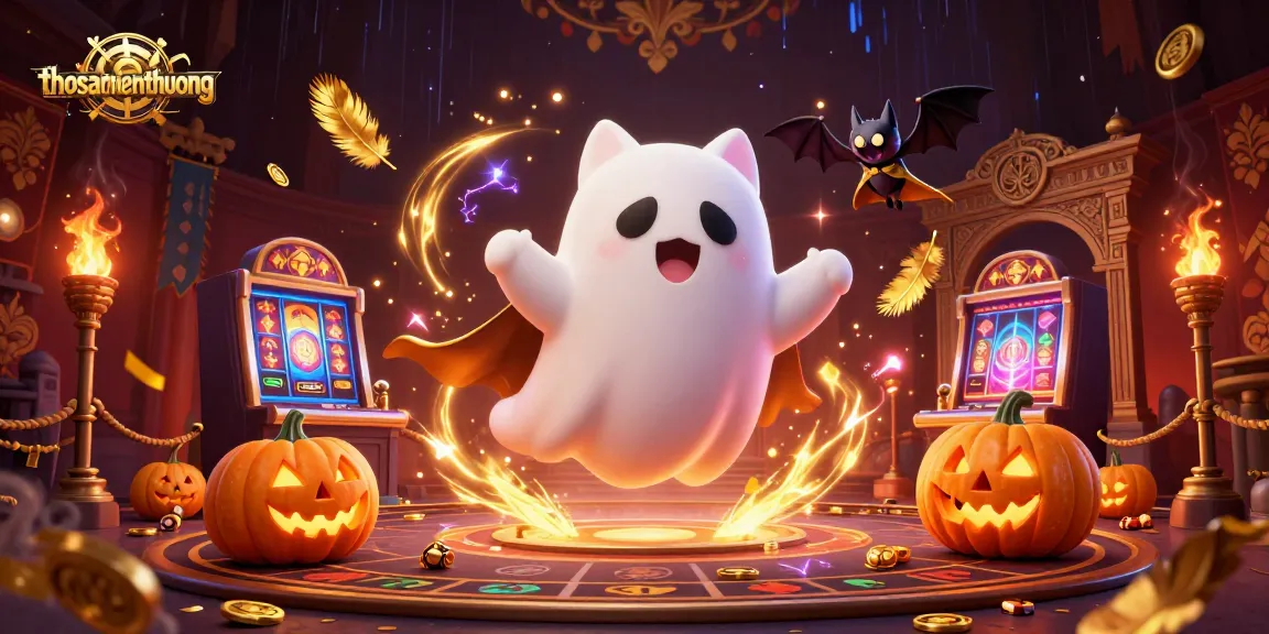 Experience thrilling gameplay in thosantienthuong with a friendly ghost cat and vampire bat in a haunted casino.