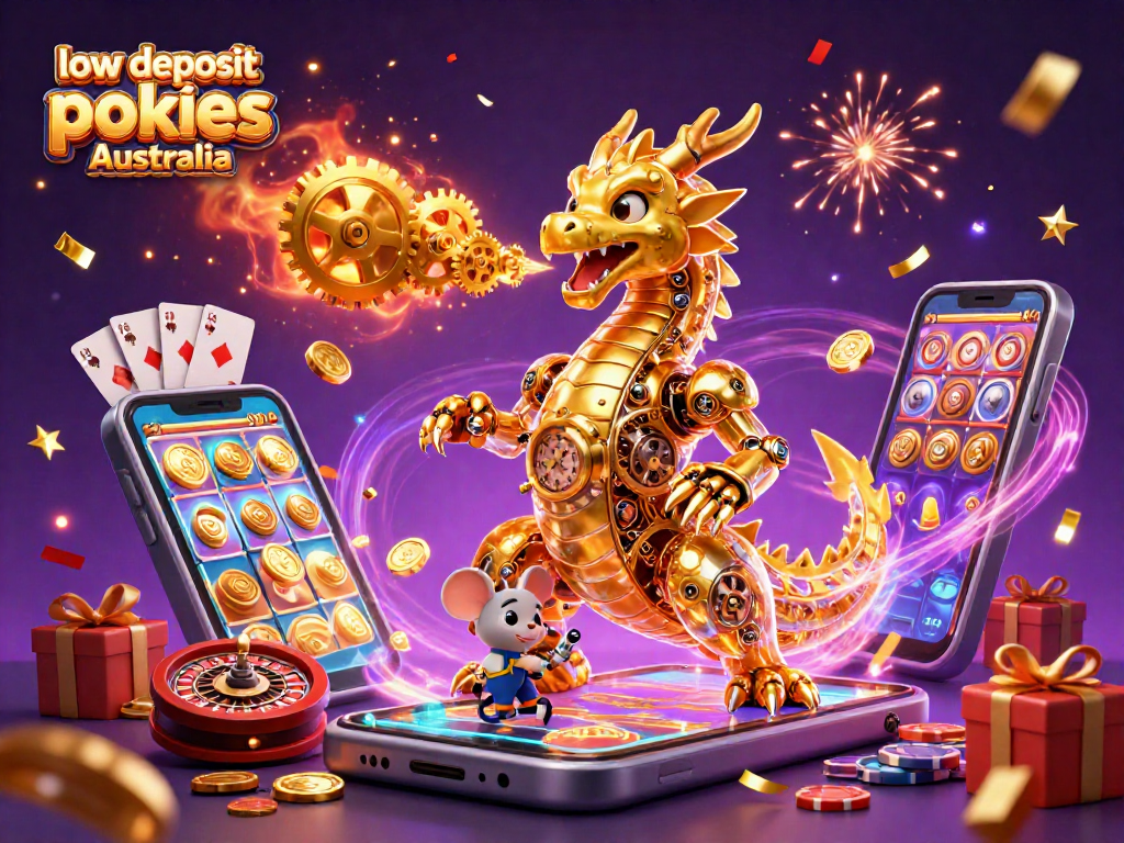 Play exciting low deposit pokies Australia with a golden dragon and vibrant game elements