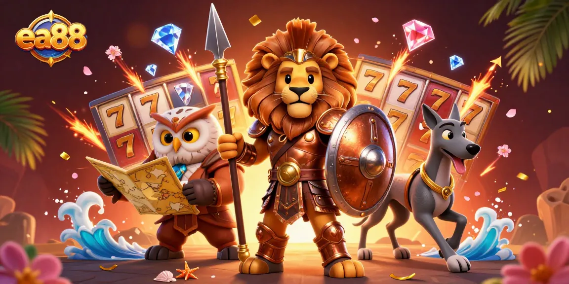 Experience the thrilling games at ea88 with a Spartan lion leading the adventure amidst slot reels and celebratory fireworks.