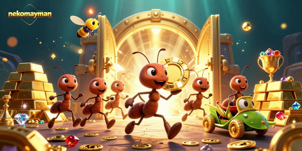Experience the excitement of nekomayman as playful ants heist a giant poker chip amidst treasures.