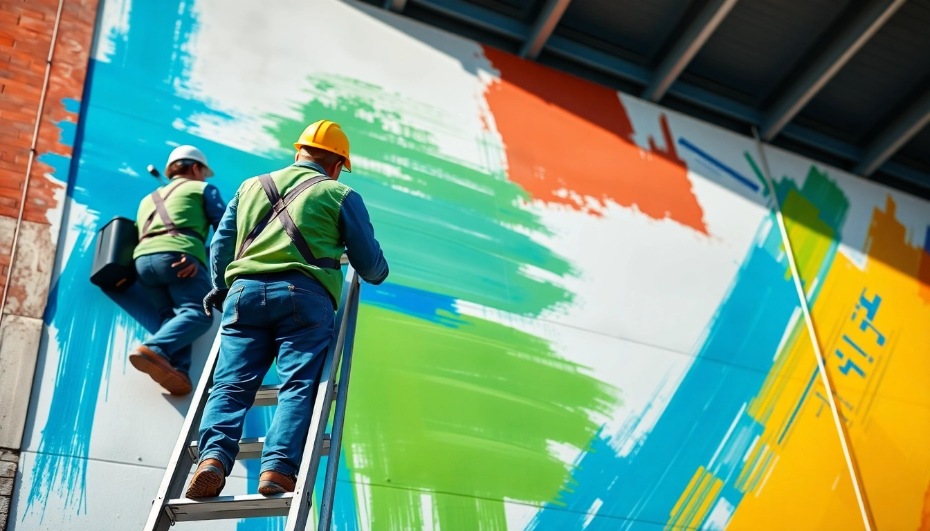 Commercial painting project with professionals applying vibrant colors to a building facade.