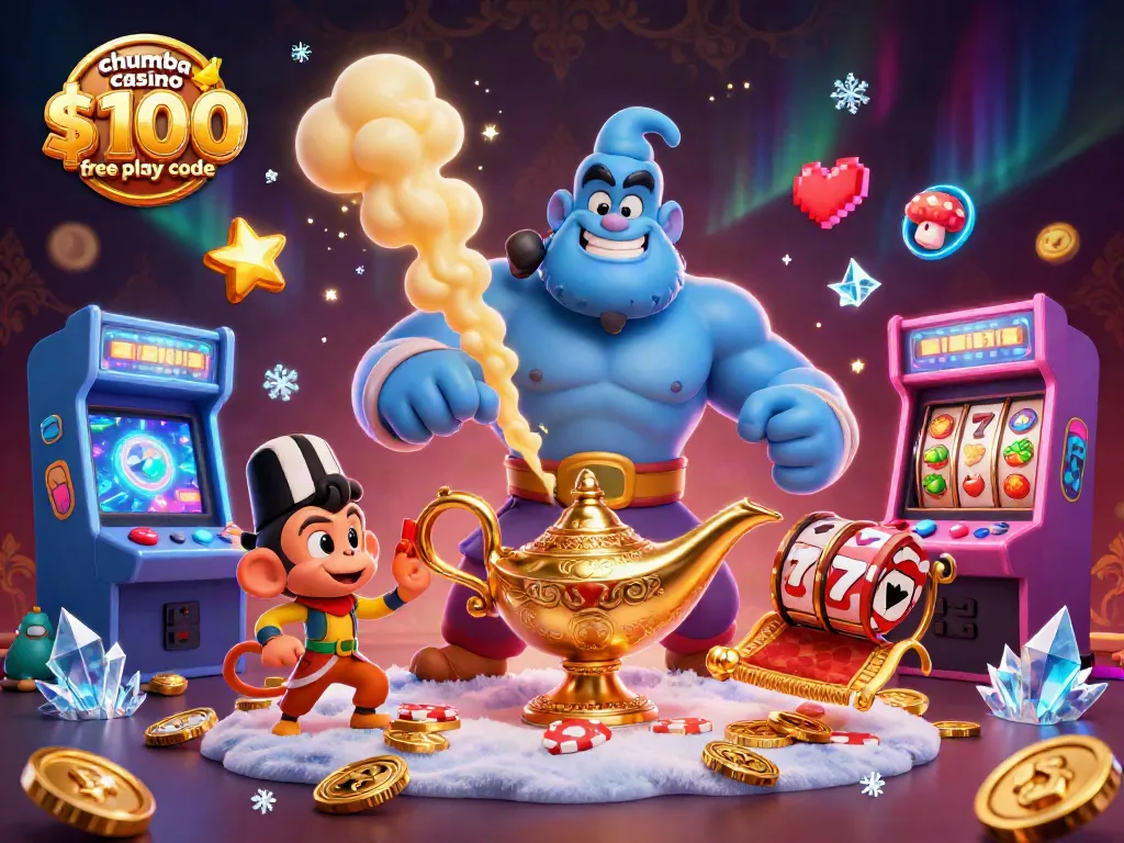 Attract players with the vibrant chumba casino $100 free play code in an ultra-detailed 3D casino illustration.