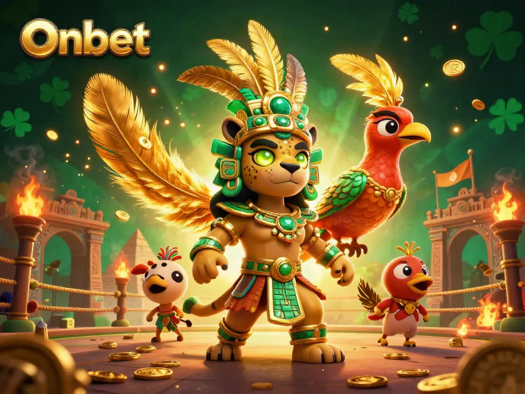 Engage in sports betting action with Onbet featuring a dynamic 3D Mayan themed illustration.