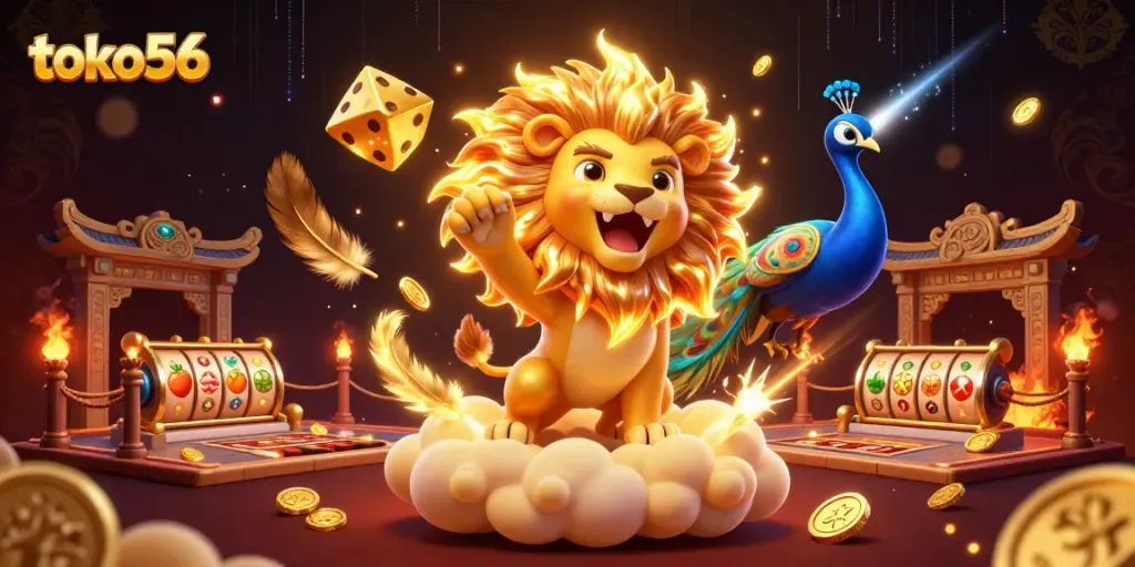toko56 peluang menang besar saat bermain slot dengan karakter kartun dan dadu emas dalam ilustrasi 3D yang meriah