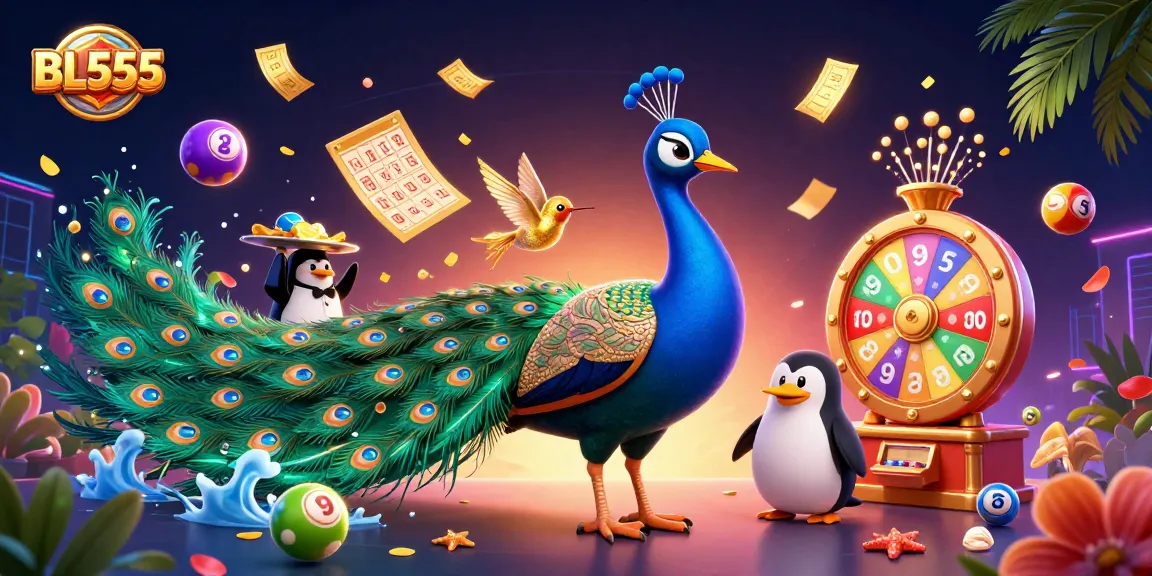 Experience thrilling wins at BL555 with vibrant lottery elements and casino characters in a lively setting.