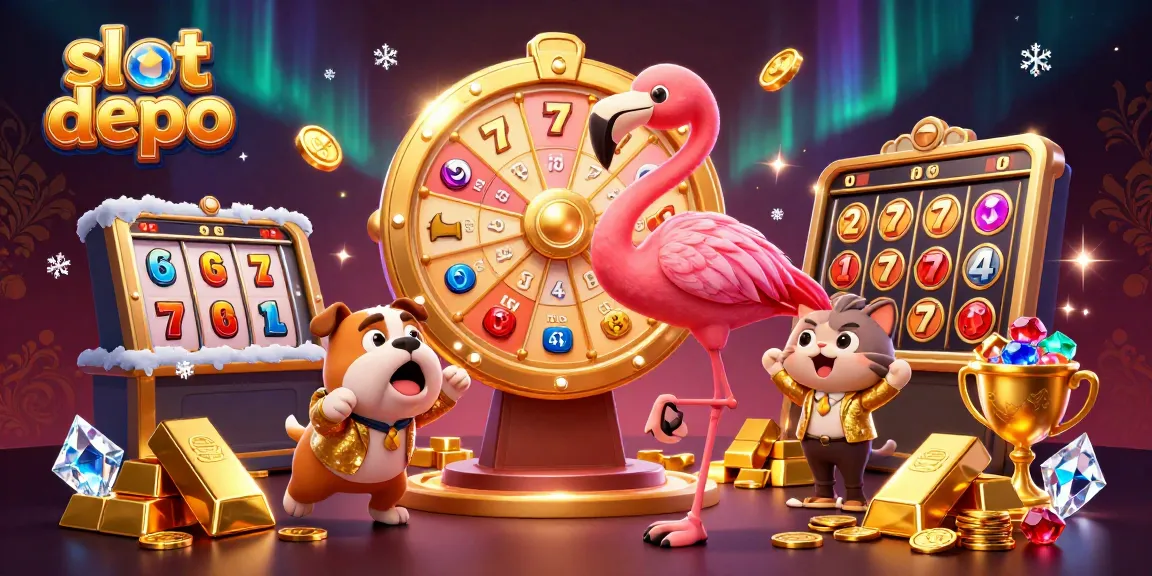 Kemenangan maksimal dengan slot depo bertema kasino, gulungan slot, dan karakter interaktif.