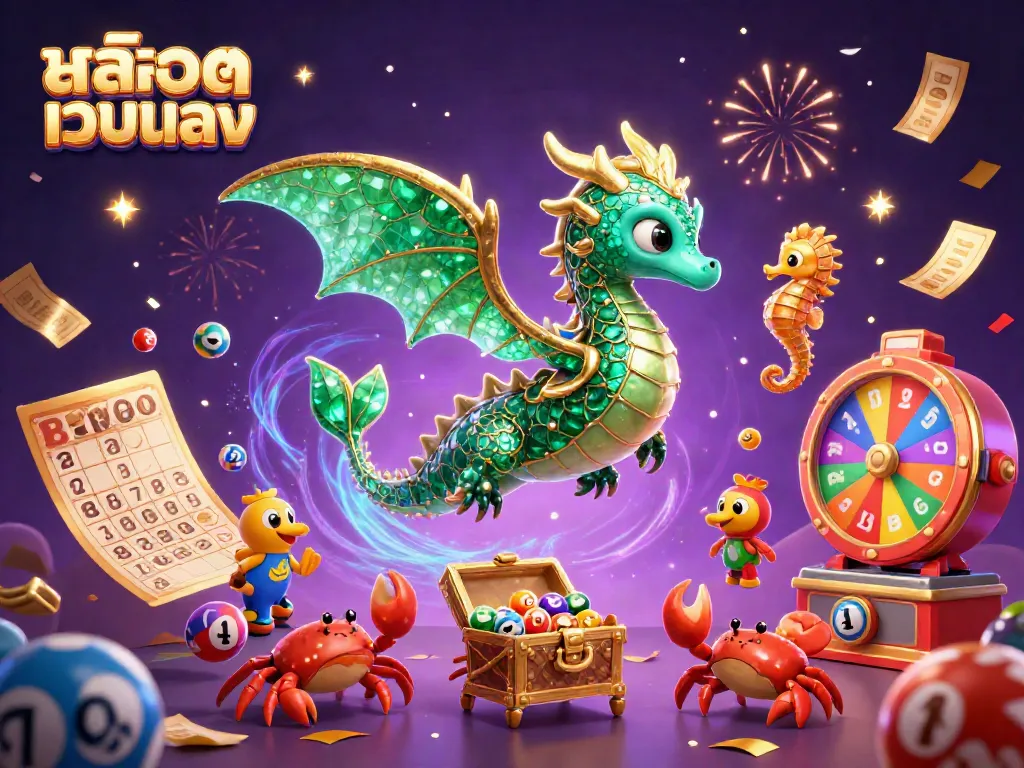 Experience the excitement of สล็อตเว็บตรง with vibrant characters and dynamic lottery elements in a rich casino scene.