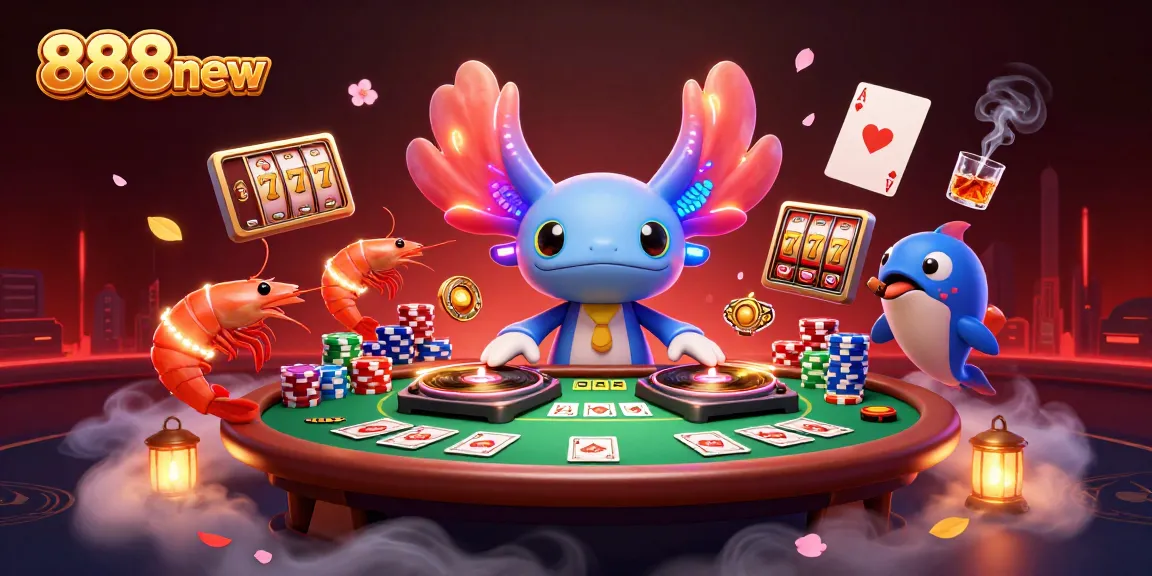 Engage with 888new's vibrant casino experience featuring a neon axolotl DJ and lively underwater characters.