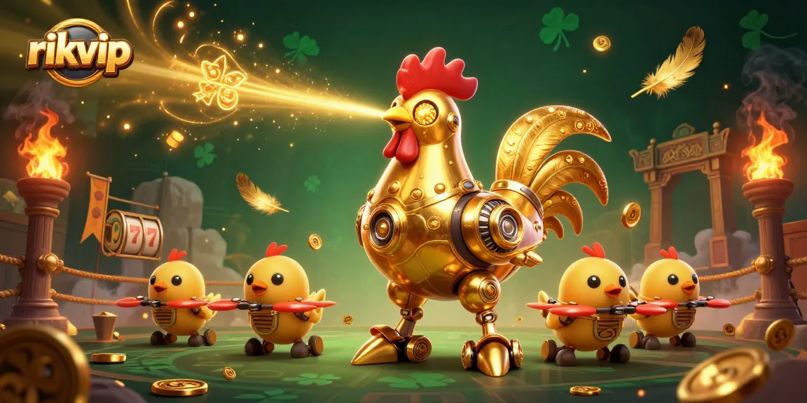 Engage with rikvip's immersive casino themes featuring a golden rooster robot and baby chick drones in a dynamic gambling arena.