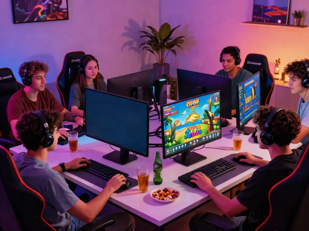 Friends enjoying online gaming at DU88 in a vibrant living room