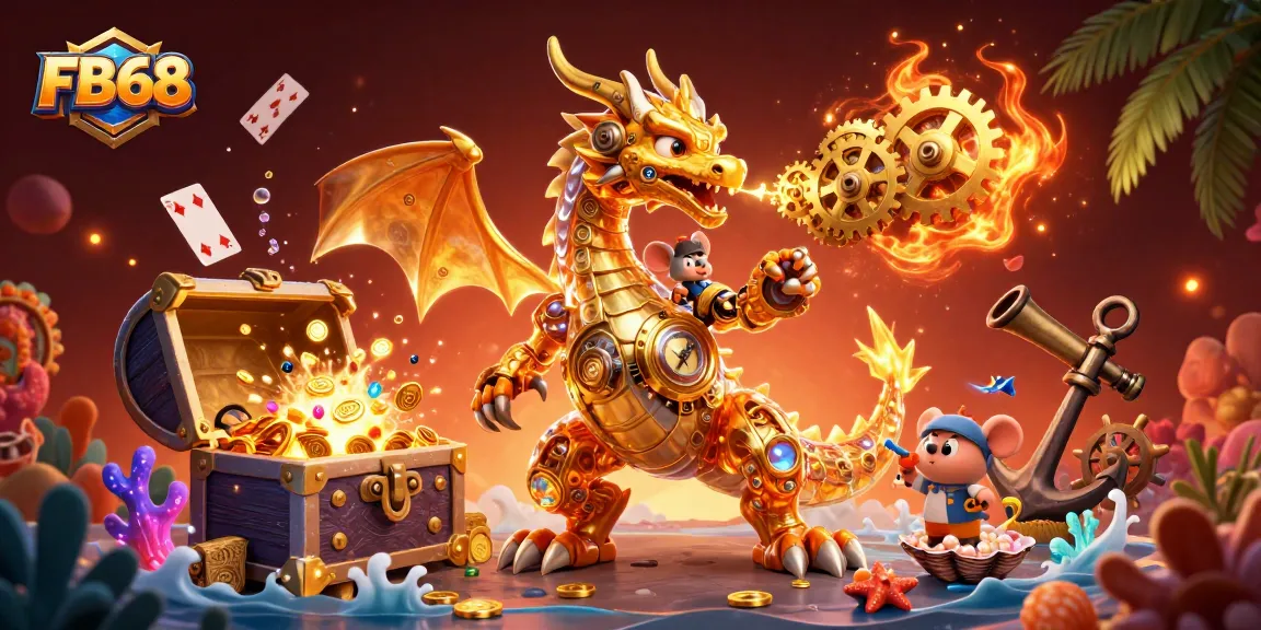 Play and win at FB68, featuring a dynamic dragon scene with gold coins and vibrant treasures.