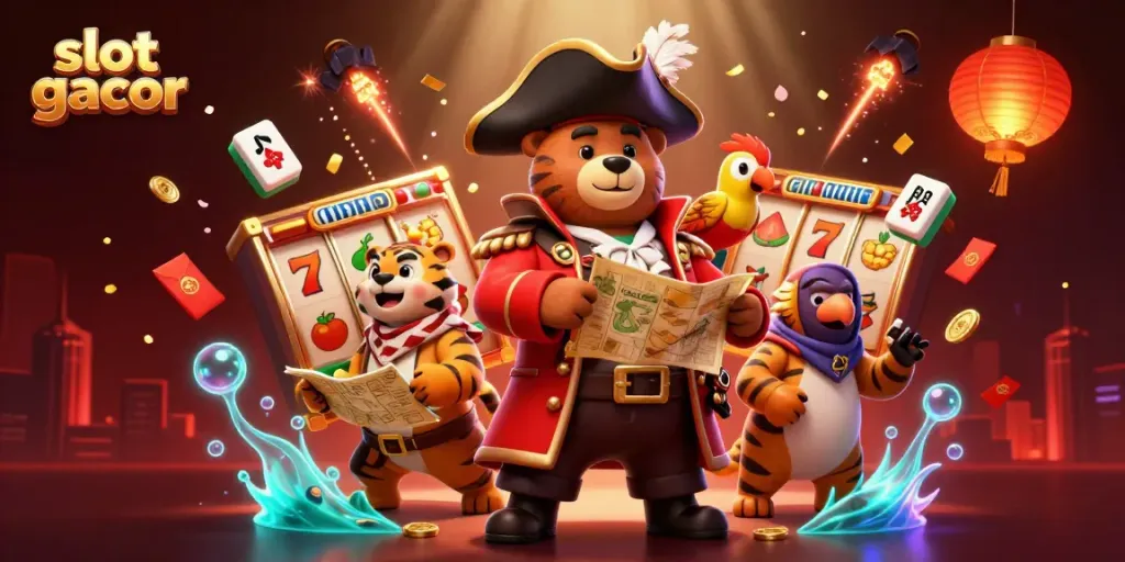 Slot gacor memikat dengan karakter beruang bajak laut dan harimau, dipenuhi simbol judi.