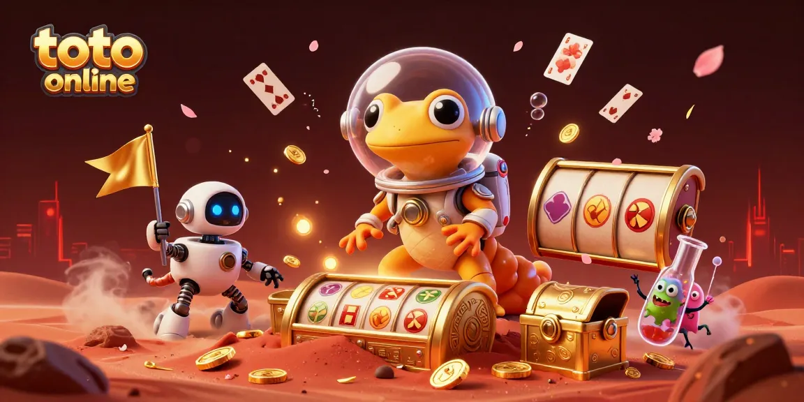 Permainan toto online dalam ilustrasi 3D yang menarik dengan karakter unik di kasino di Mars.