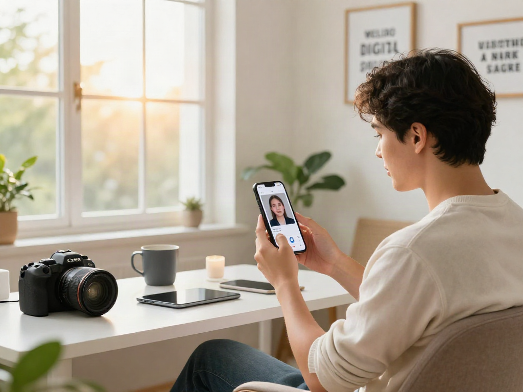 Curious user exploring 'how old do I look' app on their smartphone in a bright, modern room.