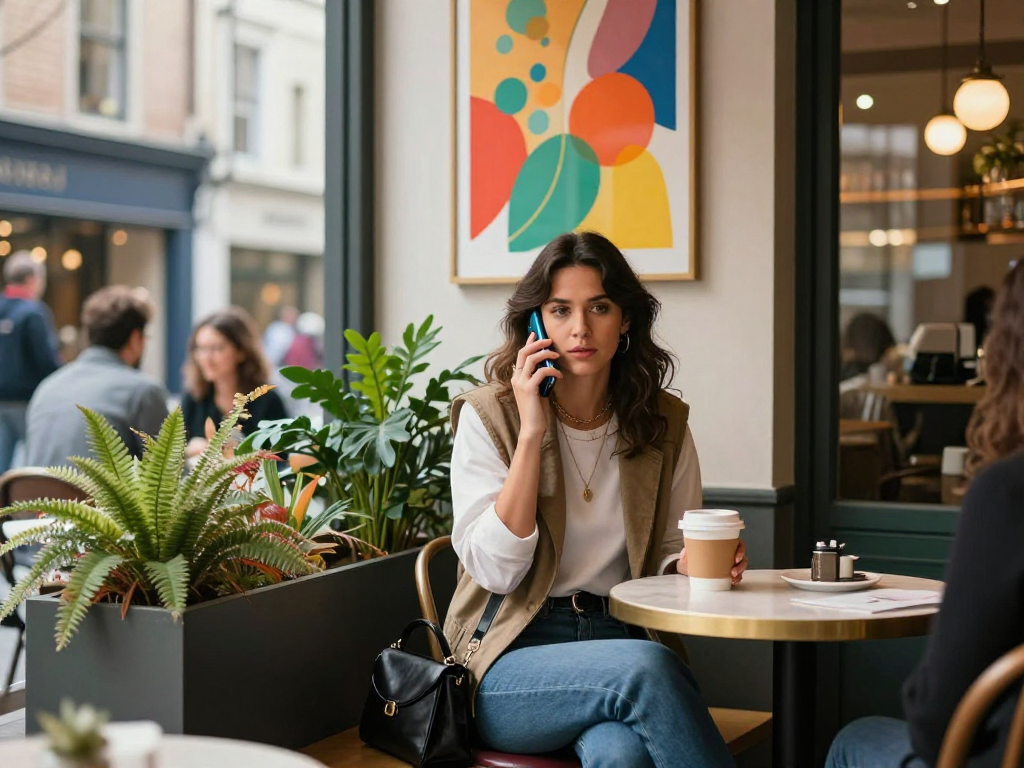 Hình ảnh cô gái gọi đang trò chuyện với bạn bè trong quán cà phê hiện đại.