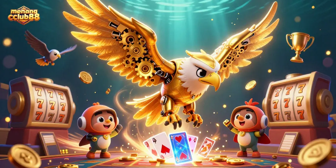 Experience the thrill of menangclub88 with a golden eagle navigating through dynamic slot games and gaming elements.