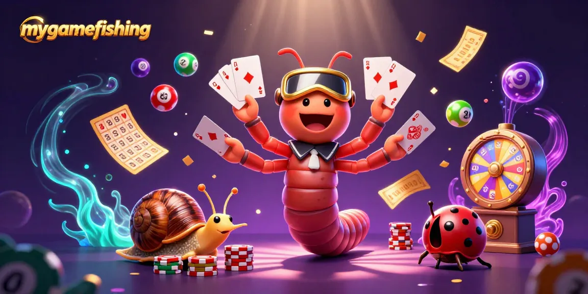Experience excitement with mygamefishing as vibrant lottery elements rain down on dynamic cartoon characters.