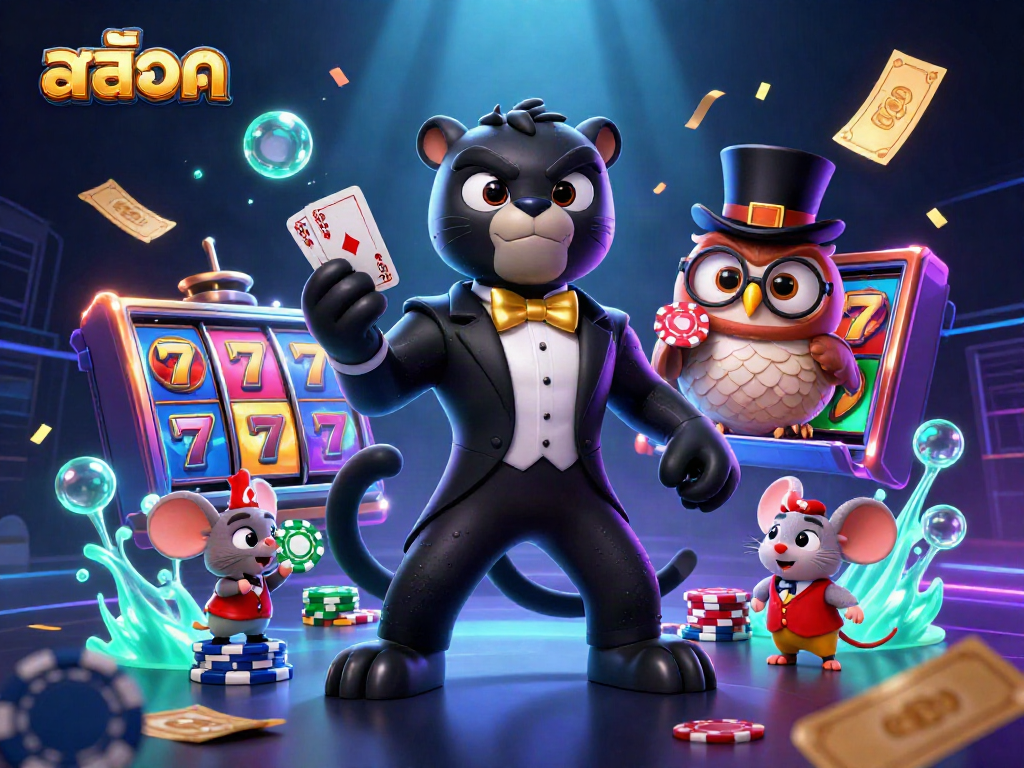 Spin the reels with สล็อต symbols in this vibrant casino-themed illustration featuring a tuxedo panther.