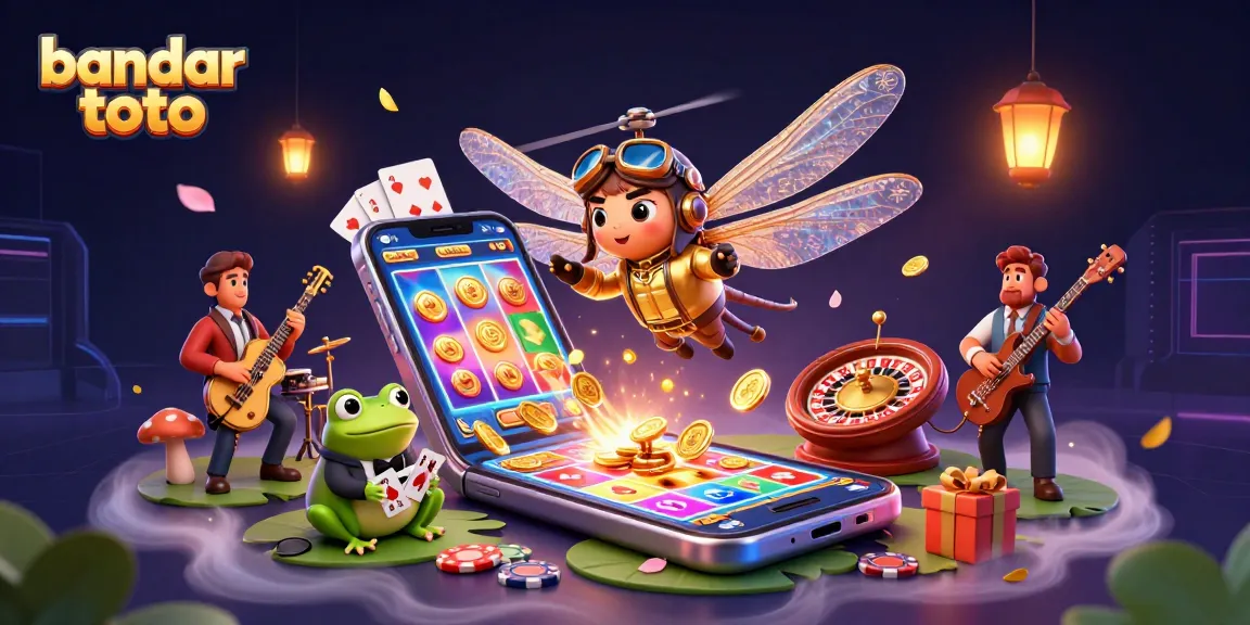 Engage with bandar toto at a vibrant lily pad casino featuring lively characters and colorful gaming elements.