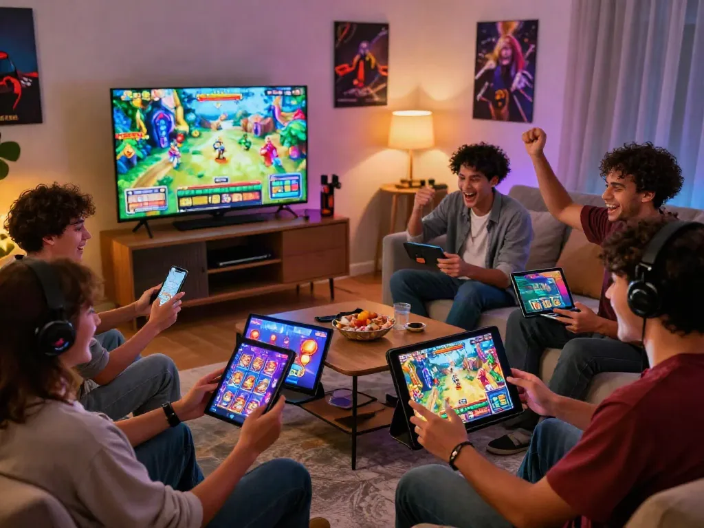 Excited players enjoying diverse slot resmi games on smartphones in a lively home setting.