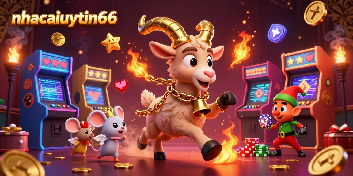 nhacaiuytin66 showcases a festive 3D casino scene with Krampus, an angel mouse, and elf gremlins stealing chips.