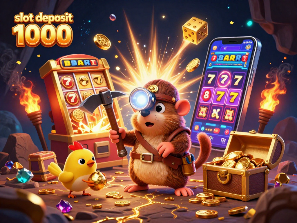 Spin the reels in a vibrant, fun-filled scene of slot deposit 1000 excitement with treasure and jackpots.