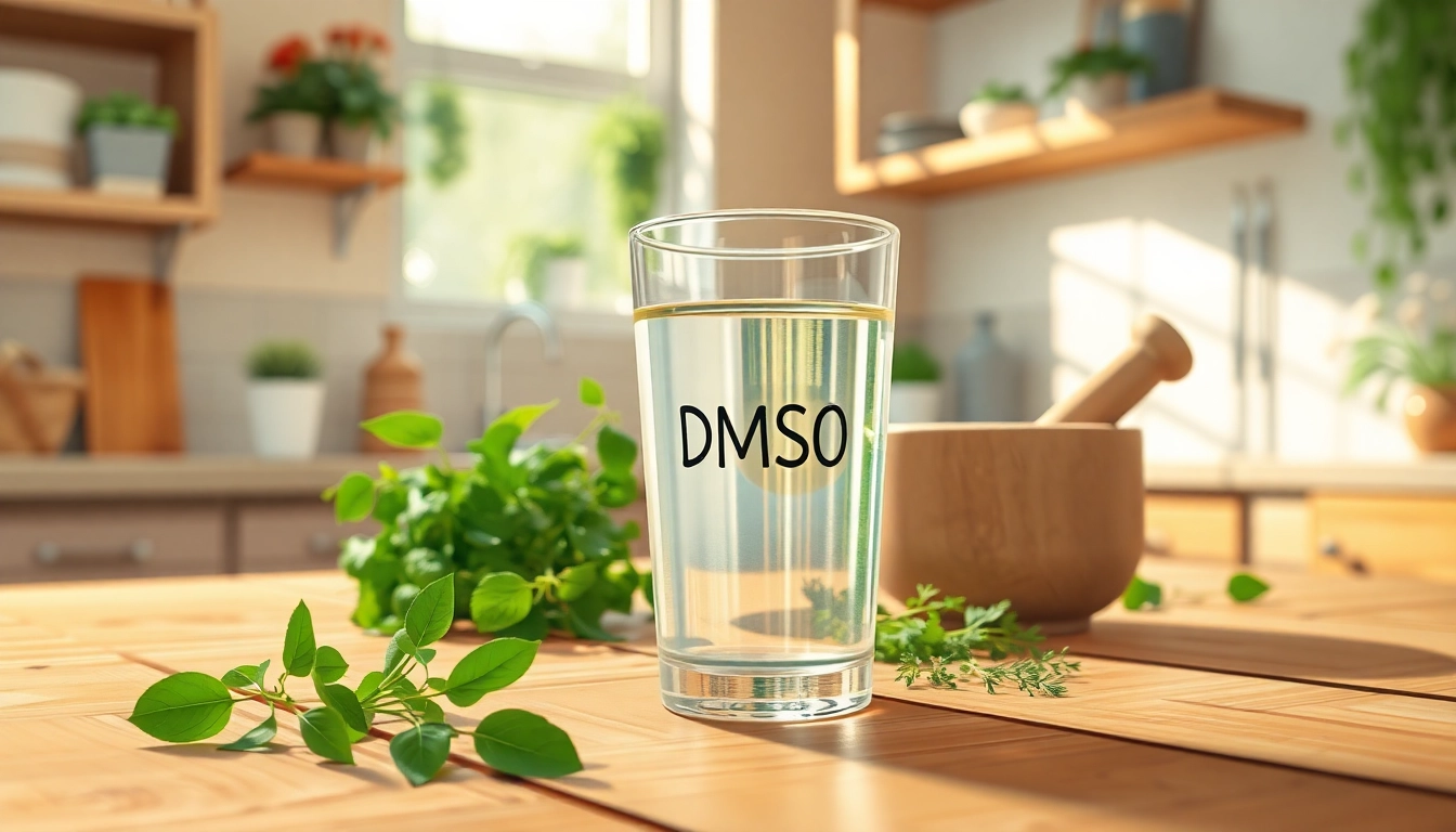 Visual representation showcasing benefits of drinking dmso with DMSO, herbs, and natural elements.