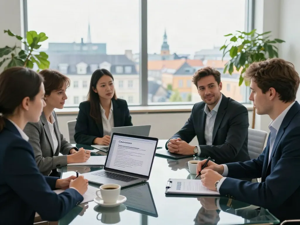 Lead Roedl professionals collaborating on international legal strategies in a modern office.