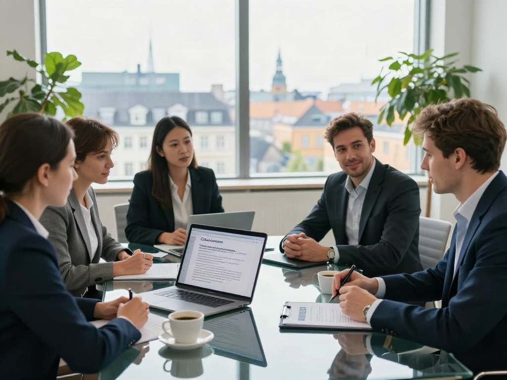 Lead Roedl professionals collaborating on international legal strategies in a modern office.