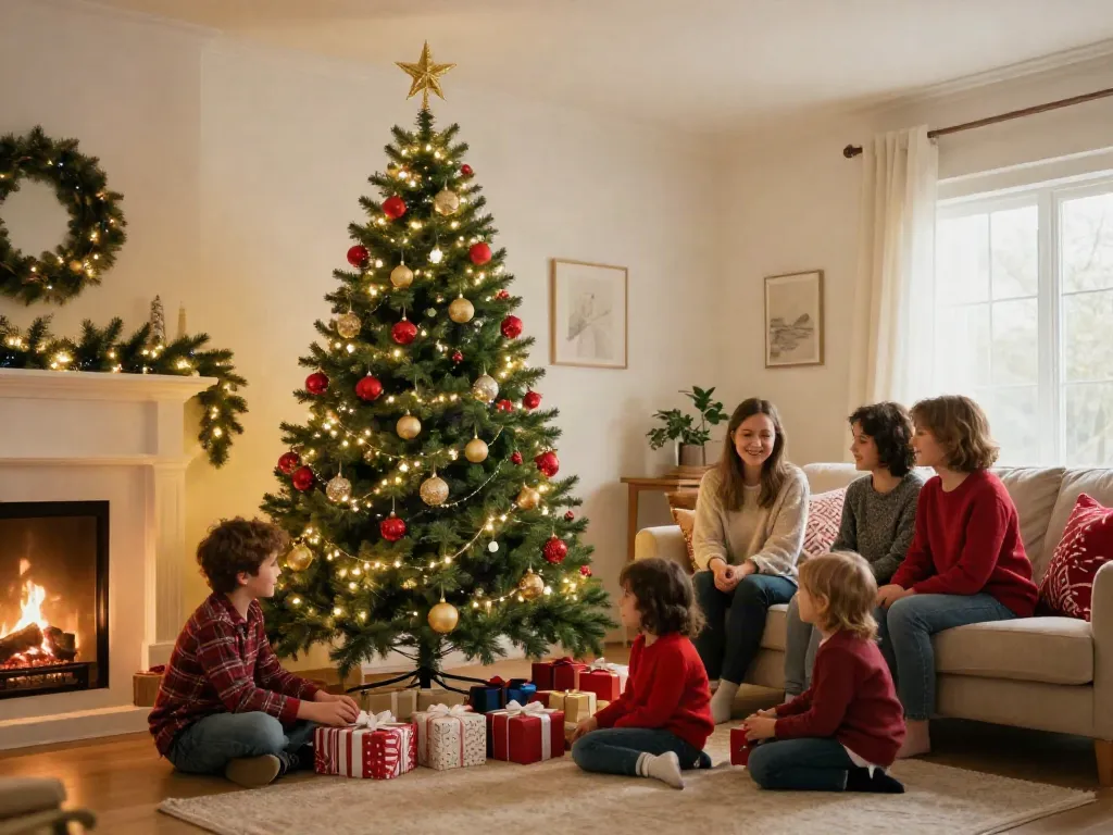 Beautifully decorated pencil Christmas tree with family during holidays