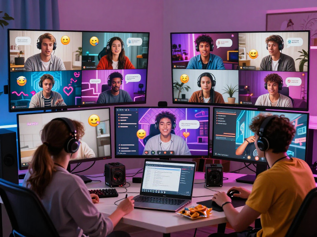 Engaging group in a hentai chat discussion in a colorful virtual room.