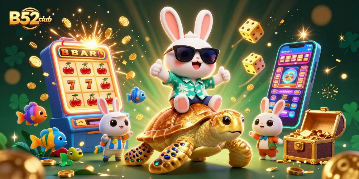 B52club showcases a vibrant jackpot scene with a lucky rabbit and golden turtle celebrating casino wins.