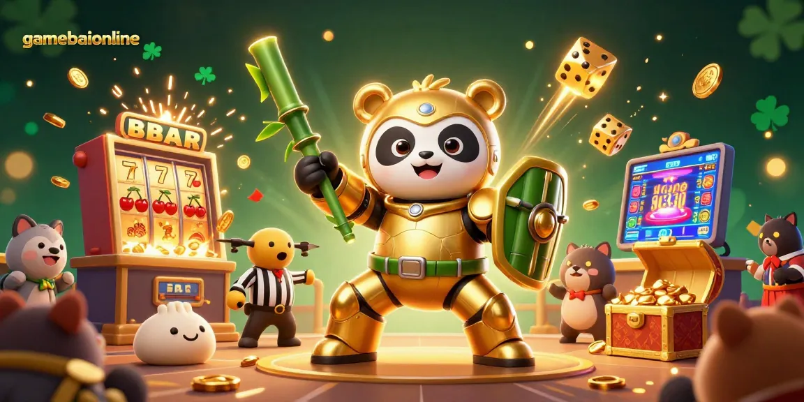 Engage with exhilarating gameplay at gamebaiionline, featuring vibrant casino elements like slot machines and golden panda.