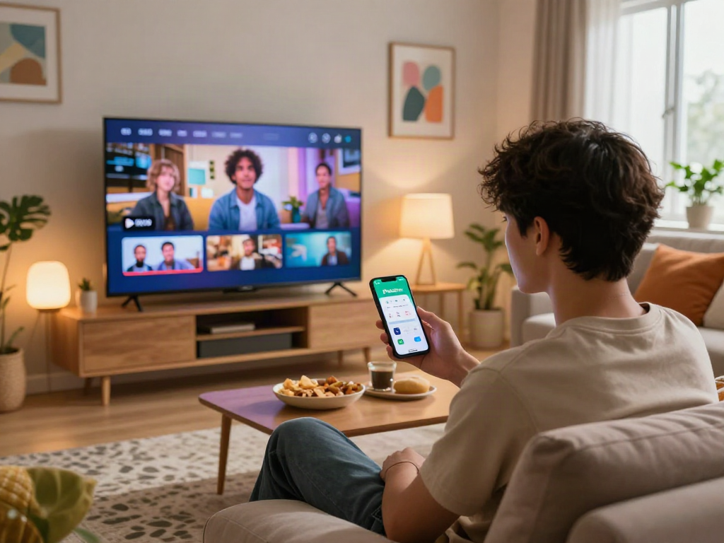 Download Pikashow Apk for a cozy home entertainment scene featuring streaming content on a smart TV.